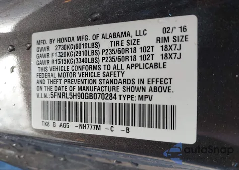 2016 Honda Odyssey Touring/Touring Elite z USA, uszkodzony, nr VIN 5FNRL5H90GB070284